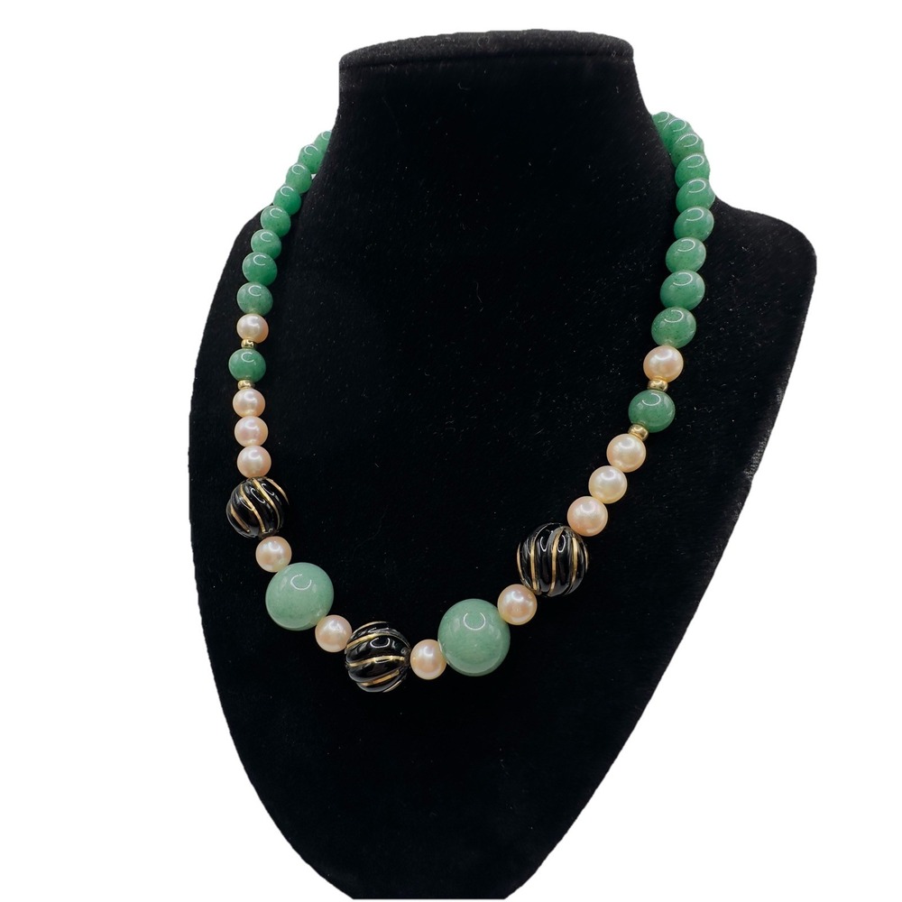 Artisan Gemstone & Pearl Necklace Black Gold Swirl Bead Statement Necklace 18" - Picture 3 of 13
